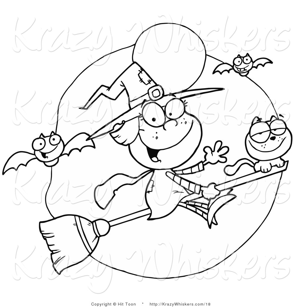 Vector Critter Clipart of a Coloring Page of a Friendly Flying Witch