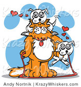 Critter Clipart of a Big, Fluffy Orange Cat with a White Dog on Its Head and Another Dog on Its Arm by Andy Nortnik