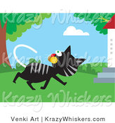 Critter Clipart of a Black and Gray Tabby Cat Walking past a Tree and Turning Its Head to Watch Birds in the Branches by