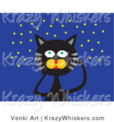 Critter Clipart of a Black Cat with Green Eyes and Gray Stripes, Looking up at a Starry Night Sky by