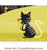 Critter Clipart of a Black Tabby Cat with Gray Stripes Pondering on How to Catch a Fast Little Mouse by
