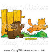 Critter Clipart of a Brown Dog Distracted from Fetching a Stick, Chasing an Orange Cat by Alex Bannykh