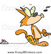 Critter Clipart of a Cartoon Ginger Cat Whistling and Pulling a Mouse Toy by Toonaday