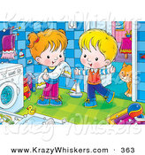 Critter Clipart of a Cheerful Boy and Girl Standing by a Washing Machine, a Cat Standing Behind a Doorway by Alex Bannykh