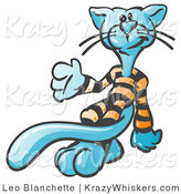 Critter Clipart of a Cool Blue Cat with a Long Tail, Wearing and Lazing Around in His Orange and Black Striped Pajamas by Leo Blanchette
