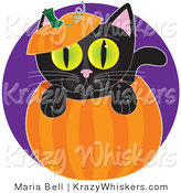 Critter Clipart of a Cute Black Kitten with Big Green Eyes, Peeping out from Inside a Halloween Pumpkin, with the Top on His Head by Maria Bell