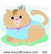 Critter Clipart of a Cute Little Gray Mouse Holding a Flower, Peeking over a Cat Wearing a Blue Suit by