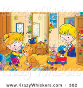 Critter Clipart of a Cute Orange Cat Playing with a Boy in a Girl in Their Room by Alex Bannykh