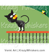 Critter Clipart of a Frisky Black and Gray Cat on a Porch Railing, Looking over His Shoulder at a Mouse on a Bush by