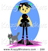 Critter Clipart of a Happy Tan Girl with Black Hair, Walking Her Cat on a Leash by