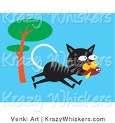 Critter Clipart of a Hungry Black and Gray Alley Cat Running past a Tree and Carrying a Fish in His Mouth by