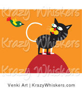 Critter Clipart of a Hunting Cat on Top of a Hill, Watching a Green Bird Flying Overhead by