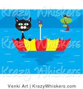 Critter Clipart of a Scared Black and White Cat Stranded in an Upside down Floating Umbrella near a Bird in a Tree During a Terrible Flood by