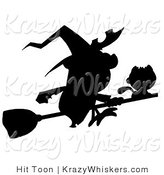 Critter Clipart of a Solid Black Silhouette of a Flying Cat and Witch on a Broomstick by Hit Toon