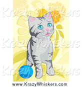 Critter Clipart of a Tabby Cat Playing with a Ball over Yellow Floral by Mayawizard101