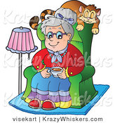 Vector Critter Clipart of a Senior Woman with a Cat Sleeping on Her Chair - Royalty Free by Visekart
