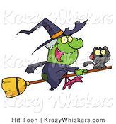 Vector Kitty Clipart of a Cat Riding on a Broomstick with a Witch - Royalty Free by Hit Toon