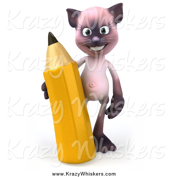 Critter Clipart of a 3d Siamese Cat with a Giant Pencil