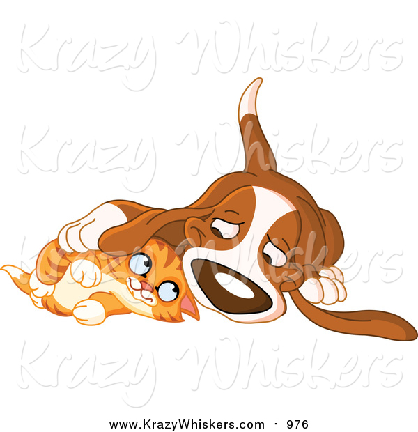 Critter Clipart of a Basset Hound Dog and Ginger Kitten Cuddling
