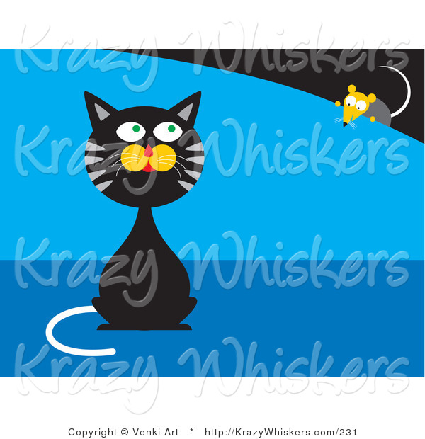 Critter Clipart of a Black and Gray Tabby Cat Sitting and Pretending He Doesn't Know a Mouse Is Behind Him While the Mouse Creeps Forward
