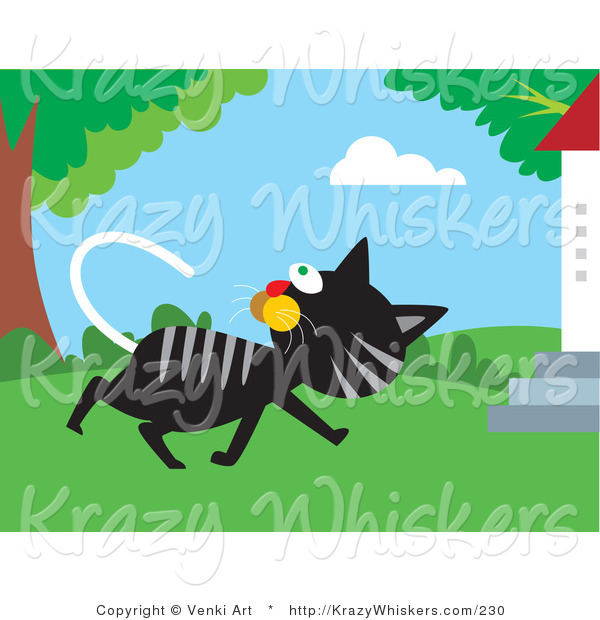 Critter Clipart of a Black and Gray Tabby Cat Walking past a Tree and Turning Its Head to Watch Birds in the Branches