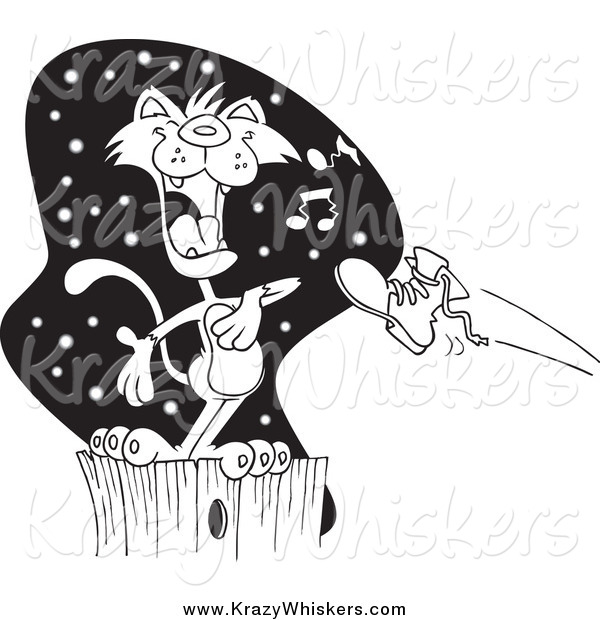Critter Clipart of a Black and White Boot Flying at a Serenading Cat on a Fence