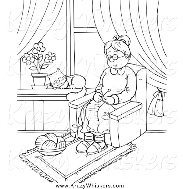 Critter Clipart of a Black and White Cat Napping in a Window While an Old Woman Knits