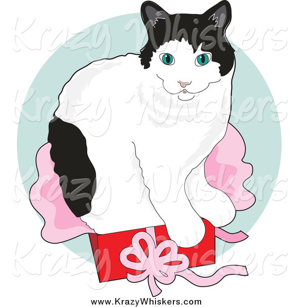 Critter Clipart of a Black and White Cat Sitting in a Gift Box over a Green Circle