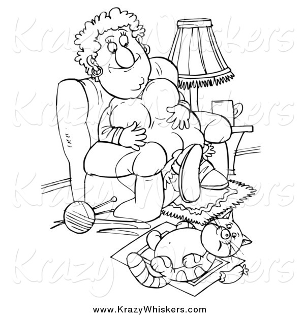 Critter Clipart of a Black and White Chubby Woman and Her Fat Cat Being Lazy
