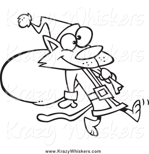 Critter Clipart of a Black and White Santa Cat Carrying a Sack