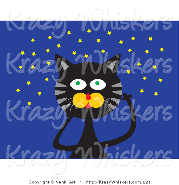 Critter Clipart of a Black Cat with Green Eyes and Gray Stripes, Looking up at a Starry Night Sky