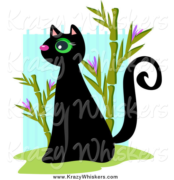 Critter Clipart of a Black Sitting Kitty and Bamboo