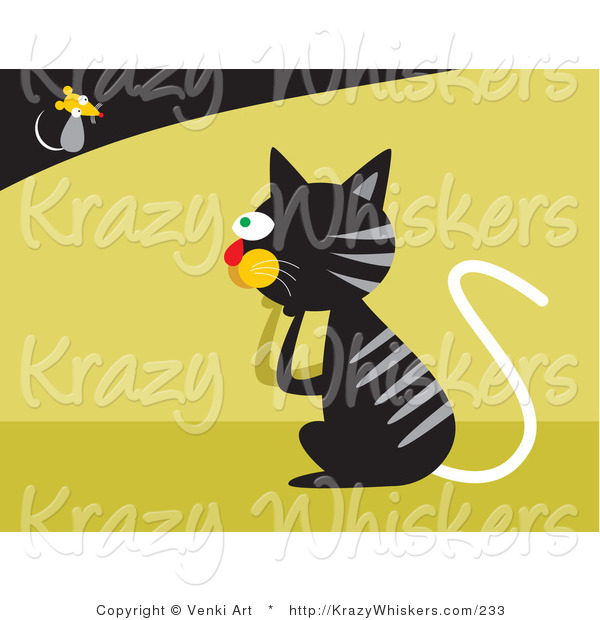 Critter Clipart of a Black Tabby Cat with Gray Stripes Pondering on How to Catch a Fast Little Mouse