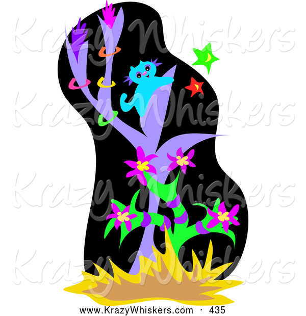Critter Clipart of a Blue Cat Climbing in a Tree, Chasing Stars at Night
