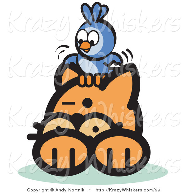 Critter Clipart of a Brave Bluebird Sitting on Top of an Orange Cat's Head and Teasing Him