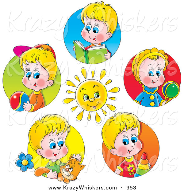 Critter Clipart of a Bright Sun Surrounded by Scenes of Little Boys with Toys, Books and a Cat