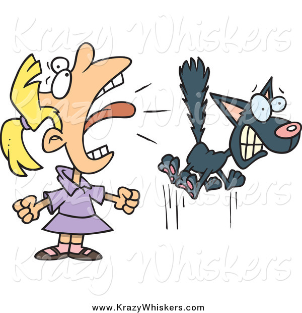 Critter Clipart of a Cartoon Blond White Girl Screaming at a Cat