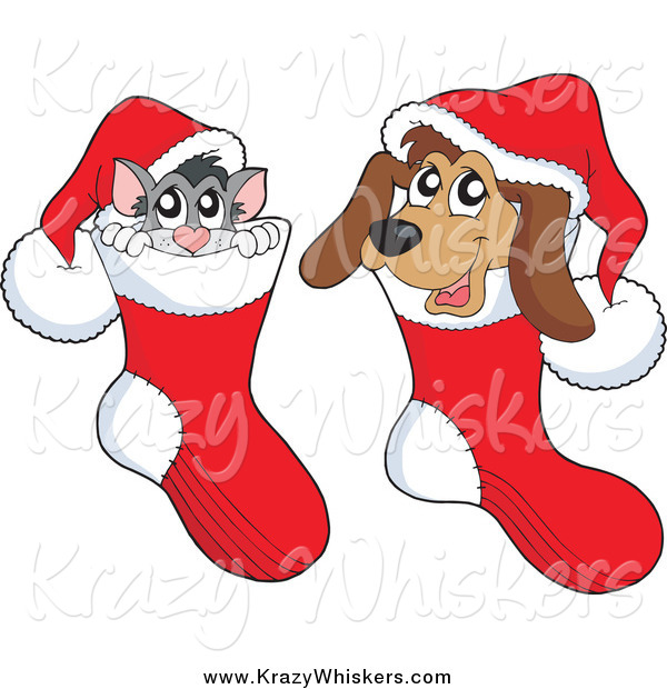 Critter Clipart of a Cat and Dog Inside Christmas Stockings