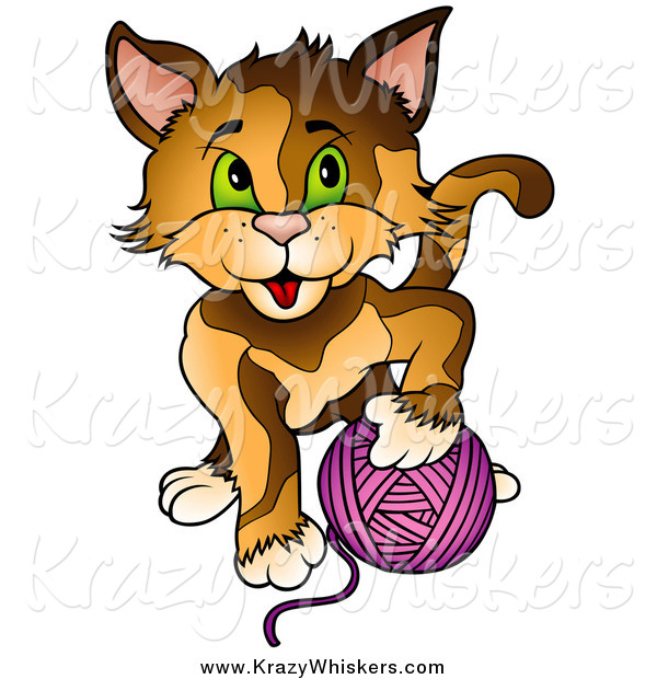 Critter Clipart of a Cat Playing with a Ball of Purple Yarn