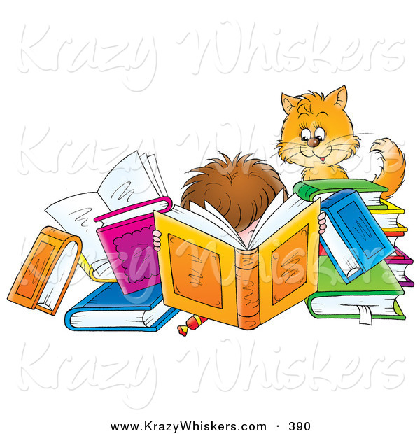 Critter Clipart of a Cat Watching a Boy Reading a Book Amidst Many Colorful Books