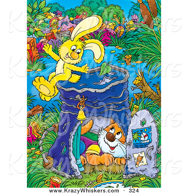Critter Clipart of a Cheerful and Energetic Yellow Bunny on Top of a Pail Converted into a Club House, a Cat Inside