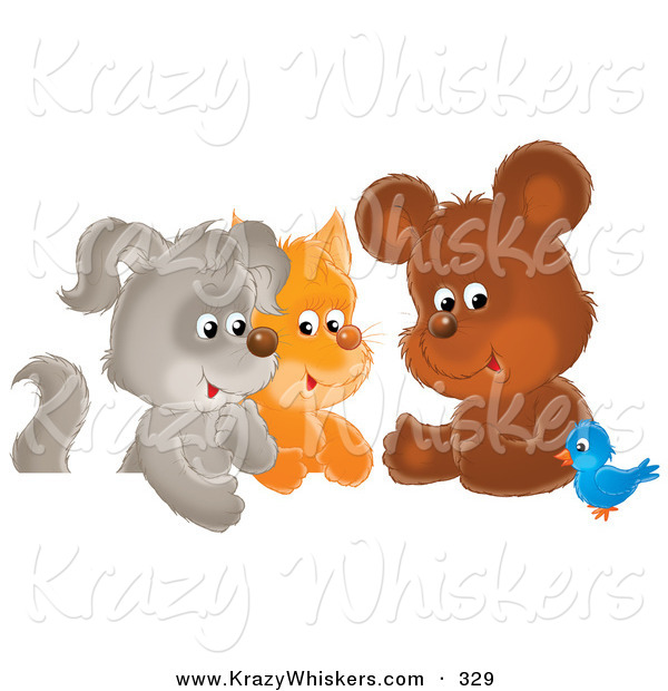 Critter Clipart of a Cheerful Bluebird Chatting with a Cute Bear, Kitten and Puppy