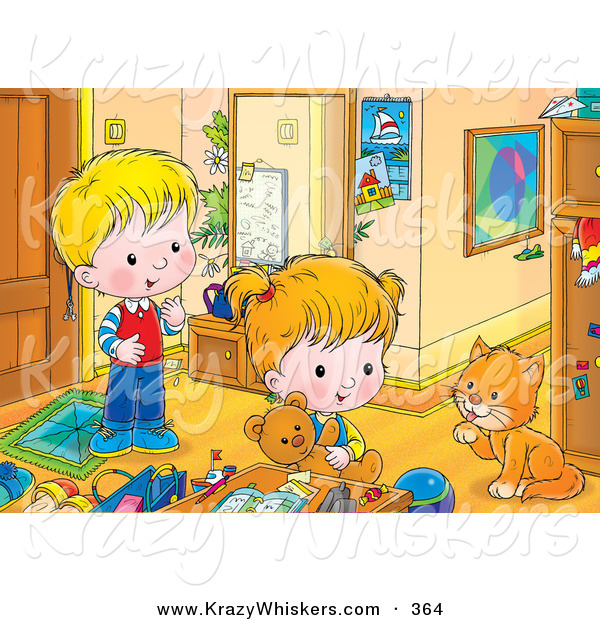 Critter Clipart of a Cheerful Boy and Girl Playing in a Room, Watching a Cat Groom Its Paw