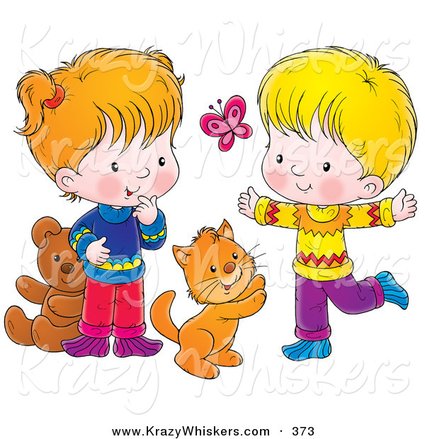 Critter Clipart of a Cheerful Cat, Boy and Girl Chasing a Butterfly and Playing