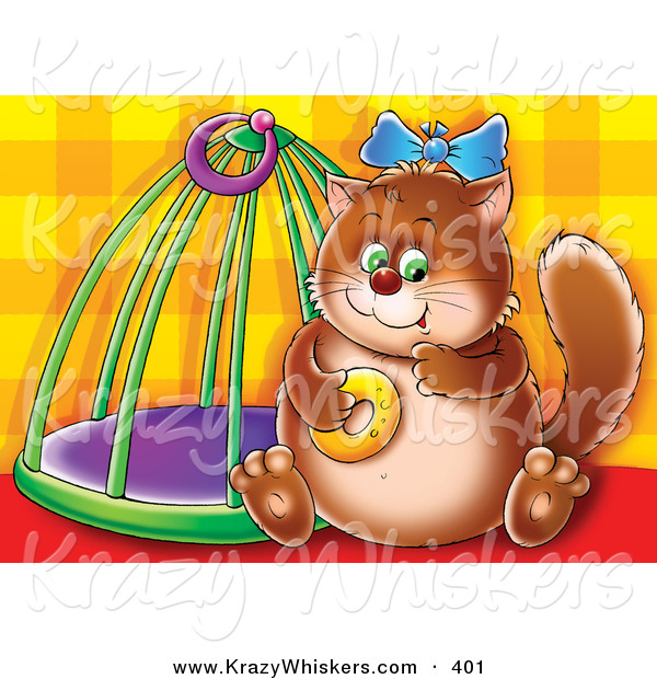 Critter Clipart of a Chubby Brown Cat Sitting by a Cage, Eating a Donut, on a Patterned Background