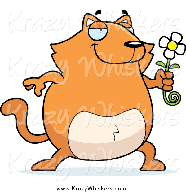 Critter Clipart of a Chubby Orange Cat Holding a Daisy