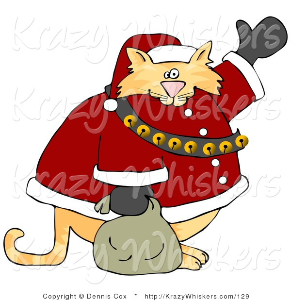 Critter Clipart of a Chubby Orange Tabby Cat Santa Claus Waving Hello