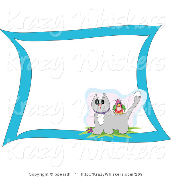 Critter Clipart of a Colorful Bird Sitting on the Back of a Surprised Gray Cat with Snow on Its Head with Blank White Space and a Blue Border