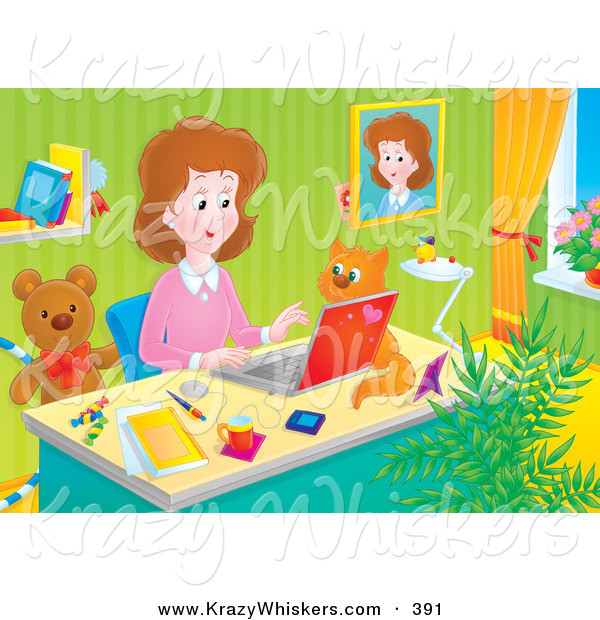Critter Clipart of a Colorful Picture of a Stay at Home Mom Working at Her Desk on a Laptop in Her Home Office, a Cat Beside Her