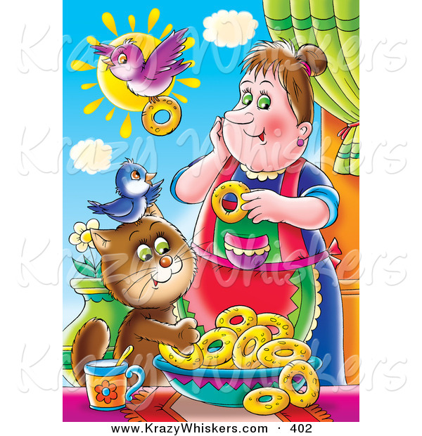 Critter Clipart of a Colorful Picutre of a Bird Flying with a Donut by a Woman with a Bird and Cat